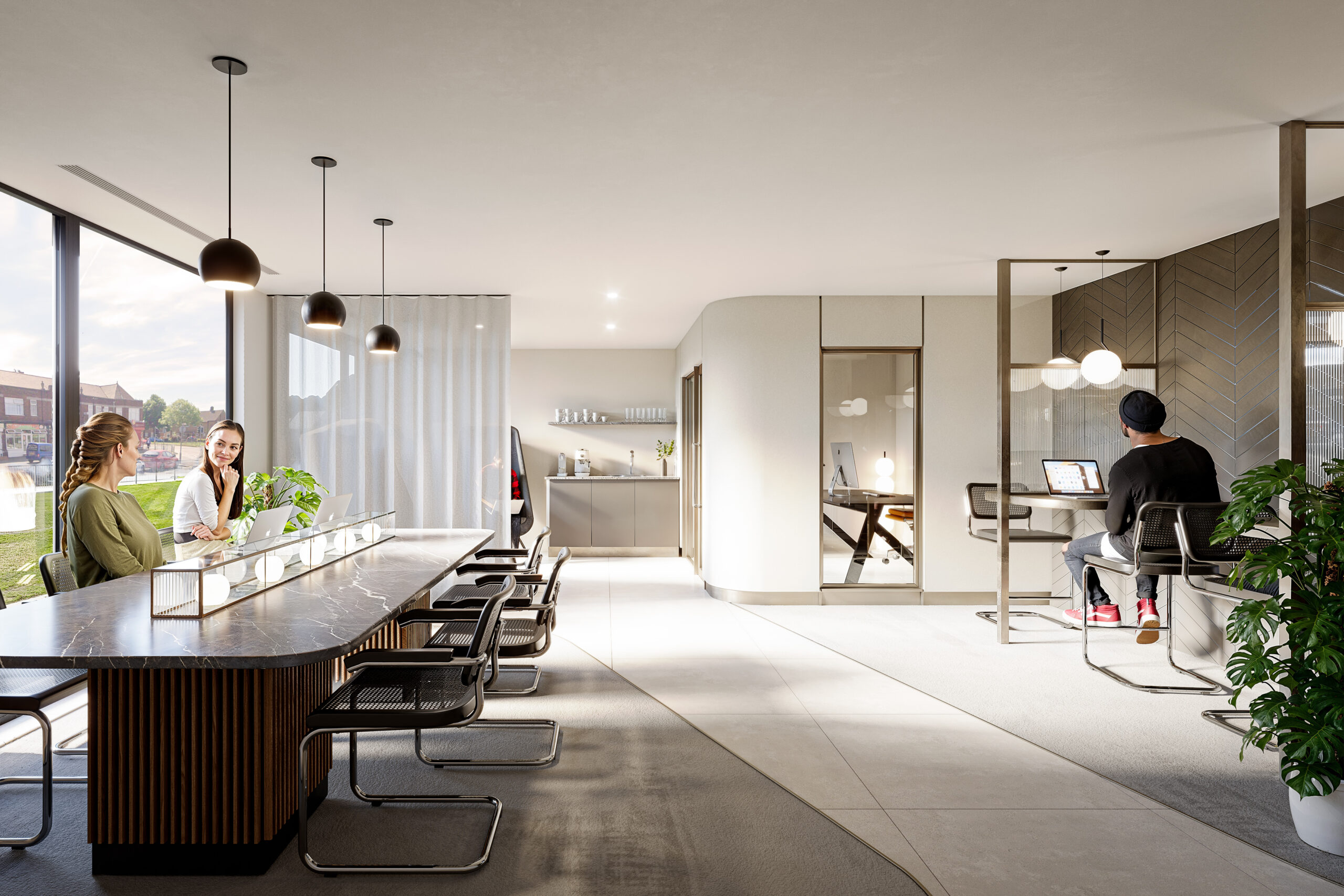 Resident co-working lounge with shared desk